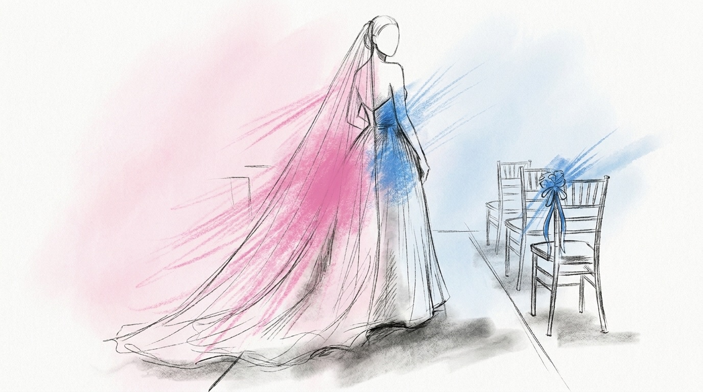 Brudslöja i lång tyll som faller över ryggen och släpar över golvet när en person i klänning går mellan två rader av stolar, i Lovios rosa och blå illustrationsstil