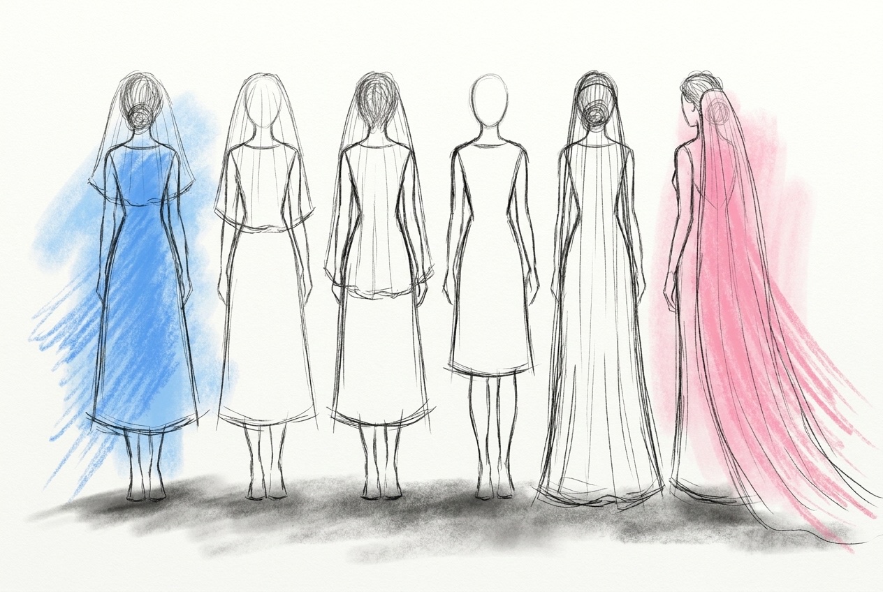 Sex figurer sedda bakifrån i en rad med brudslöjor av olika längd, från axellång till en lång slöja som släpar över golvet, i Lovios rosa och blå illustrationsstil