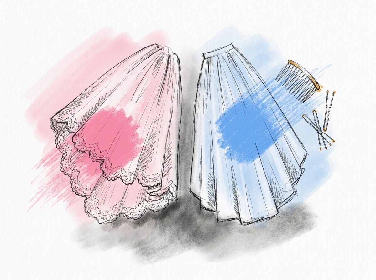 Två vikta slöjor av tyll, en med spetskant och en med rak klippt kant, tillsammans med en liten hårkam och hårnålar, i Lovios rosa och blå illustrationsstil