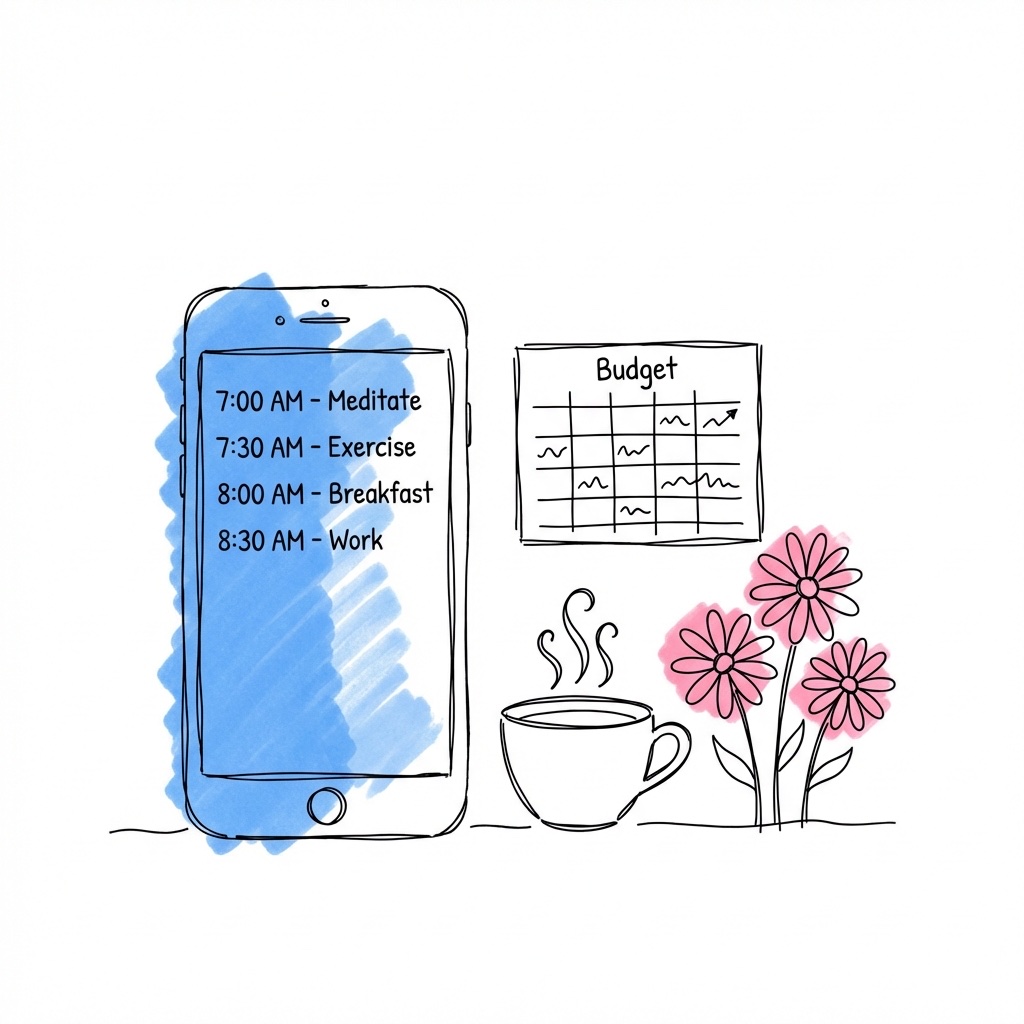 Telefon med morgonschema och budgetdiagram bredvid kaffekopp