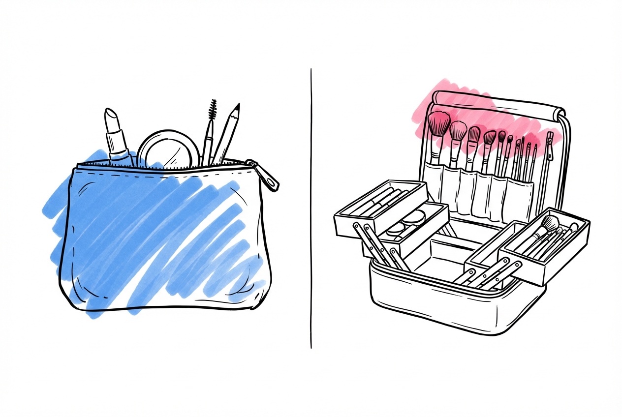 Enkel sminkväska bredvid professionell makeupväska med penslar i Lovios stil