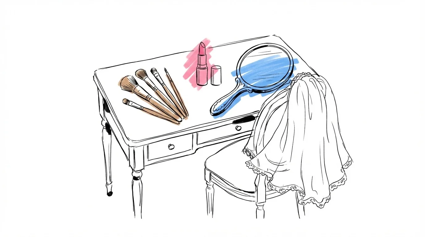 Sminkbord med penslar, läppstift, spegel och brudslöja i Lovios rosa och blå illustrationsstil