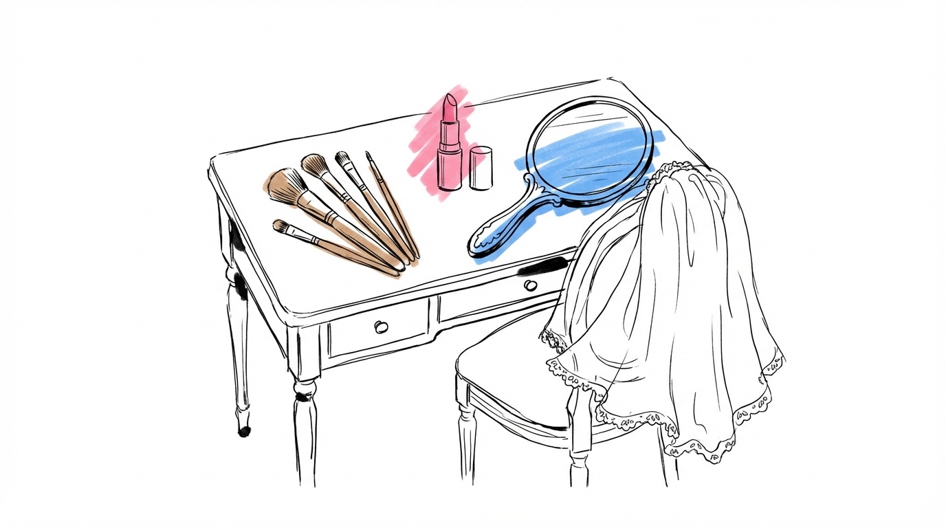 Sminkbord med penslar, läppstift, spegel och brudslöja i Lovios rosa och blå illustrationsstil