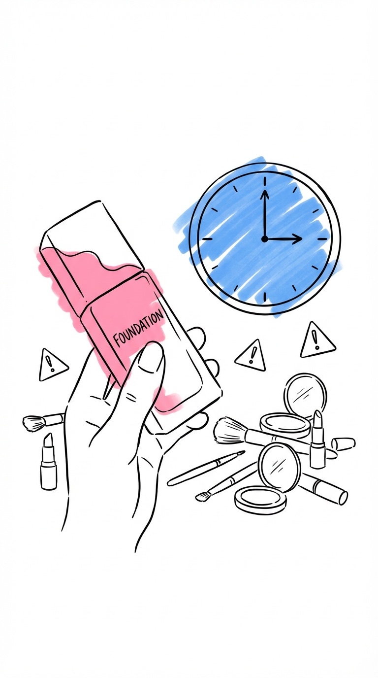 Hand med foundation-flaska och klocka med varningstecken i Lovios stil