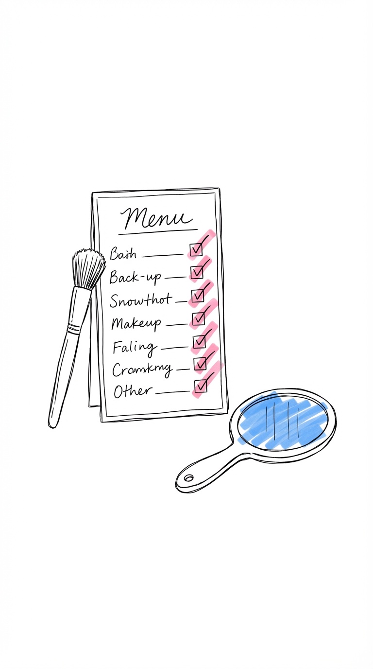 Checklista med sminkpenslar och handspegel i Lovios illustrationsstil