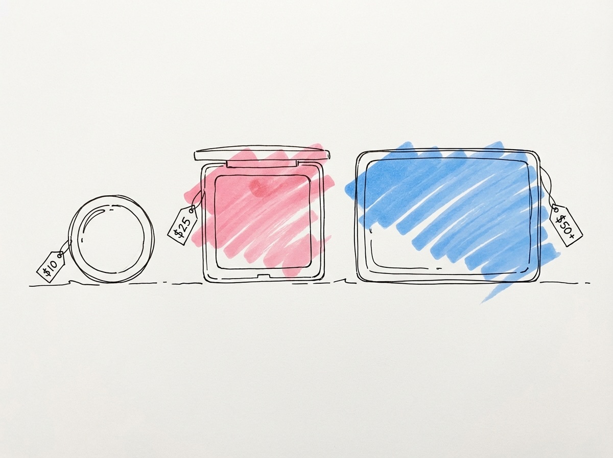 Tre sminkpaletter i olika storlekar med prislappar i Lovios rosa och blå stil