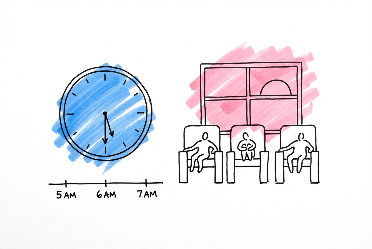 Klocka med stolar i rad och soluppgång genom fönster i Lovios stil