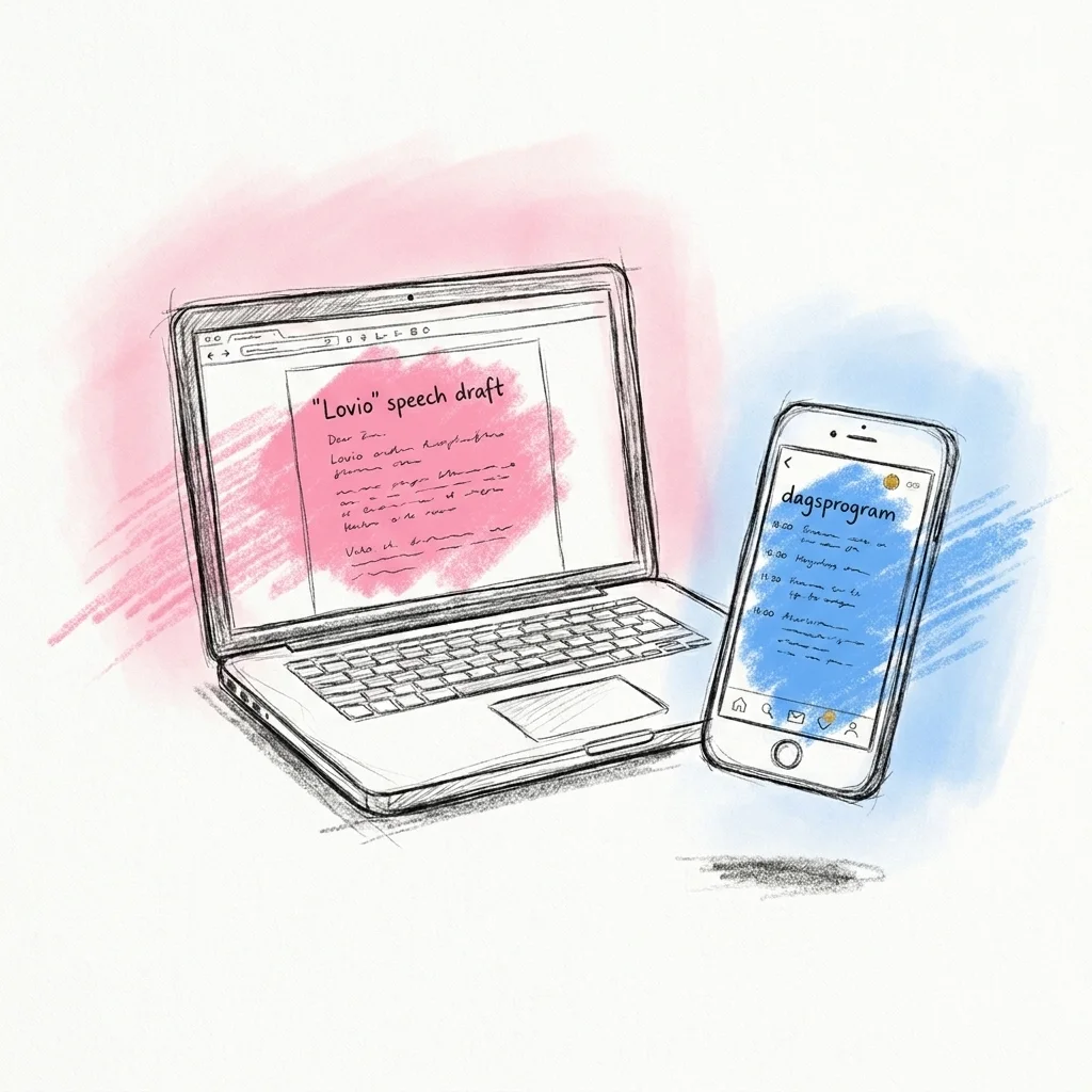 Lovios dokumentverktyg med ett talkoncept öppet på skärmen bredvid ett dagsprogram på en telefon, i Lovios rosa och blå illustrationsstil