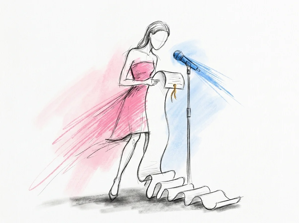 Person vid en mikrofonställning som tittar ner på en alldeles för lång pappersrulle som rullar ut hela vägen ner till golvet, i Lovios rosa och blå illustrationsstil