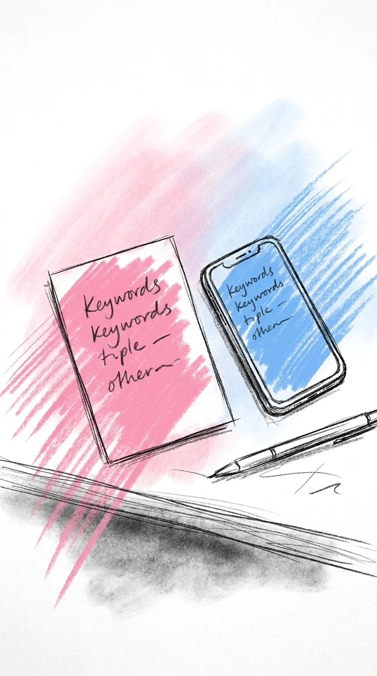 Tryckt A6-stödkort med några stora handskrivna stödord liggande på ett bord bredvid en telefon som visar samma korta stödordslista, i Lovios rosa och blå illustrationsstil