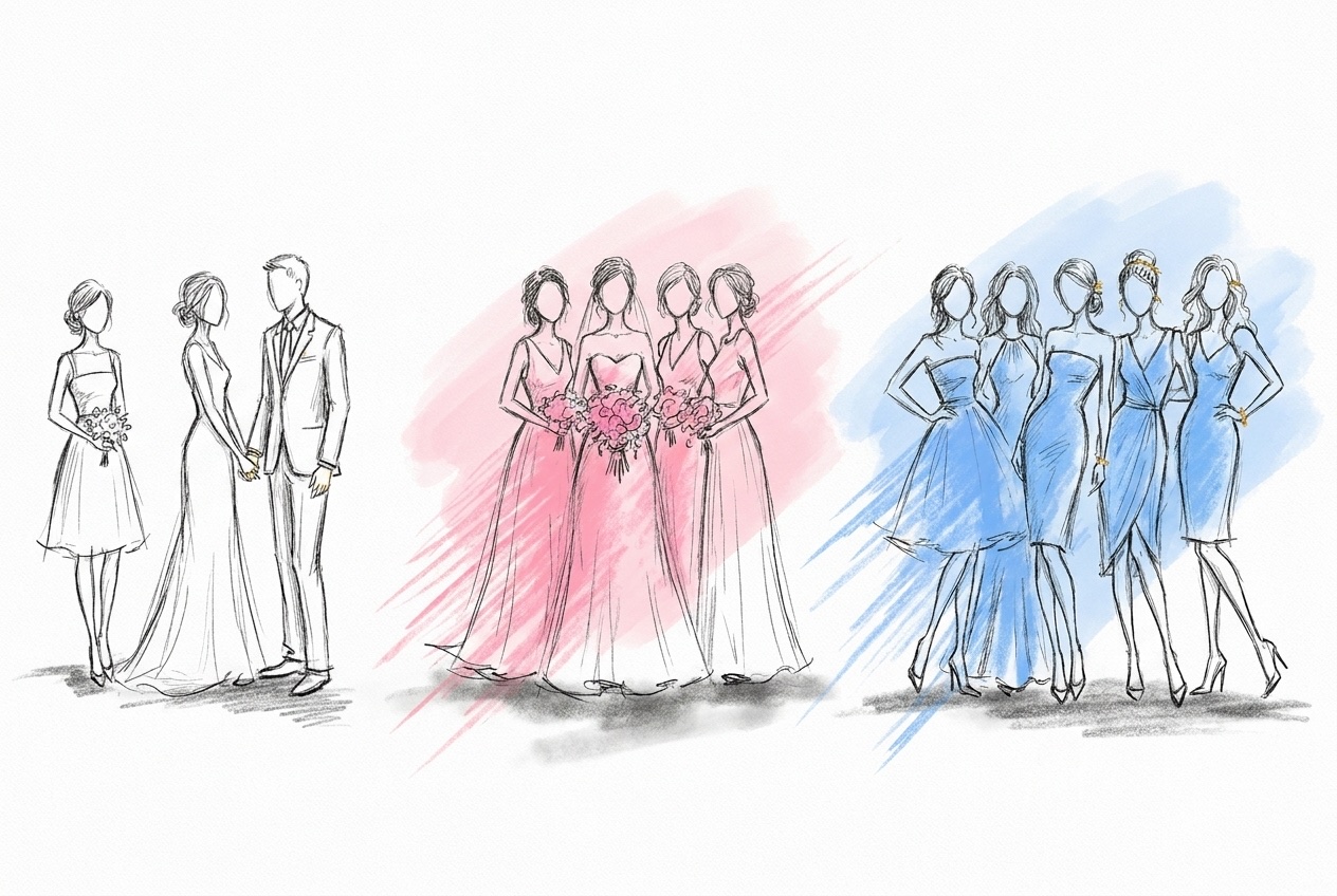 Tre små grupper bredvid varandra i en rad: en brudtärna bredvid ett par, en grupp på tre och en större grupp på fem, växande från liten till stor, i Lovios rosa och blå illustrationsstil