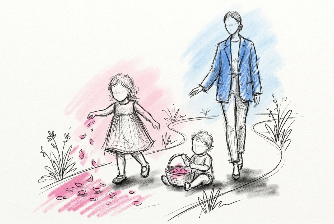 Ett litet barn som strör kronblad på en stig med en vuxen som går nära bakom och sträcker ut en hand, och ett till litet barn som sitter på marken med en korg, i Lovios rosa och blå illustrationsstil