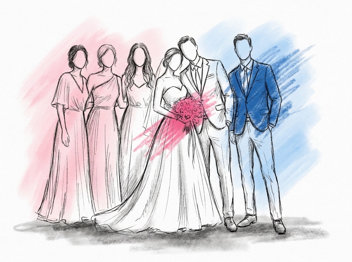 Ett avslappnat gruppfoto med tre brudtärnor på ena sidan, en ensam best man på den andra och brudparet i mitten som alla lutar sig in, i Lovios rosa och blå illustrationsstil
