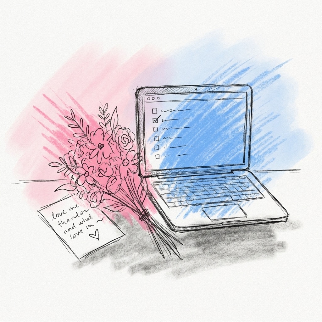 Öppen bärbar dator med en enkel checklista på skärmen, en liten bukett som lutar mot den och en handskriven lapp med ett hjärta, i Lovios rosa och blå illustrationsstil