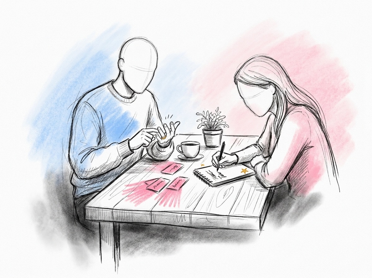 Ett par vid ett köksbord som skriver namn på ett anteckningsblock med namnkort och en kaffekopp runt sig, den ena räknar på fingrarna, i Lovios rosa och blå illustrationsstil