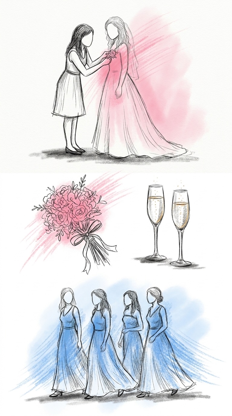 Lodrät komposition med en brudtärna som fäster en blomma på brudens klänning överst, en bukett och två champagneglas i mitten och en liten grupp brudtärnor som går på rad längst ned, i Lovios rosa och blå illustrationsstil