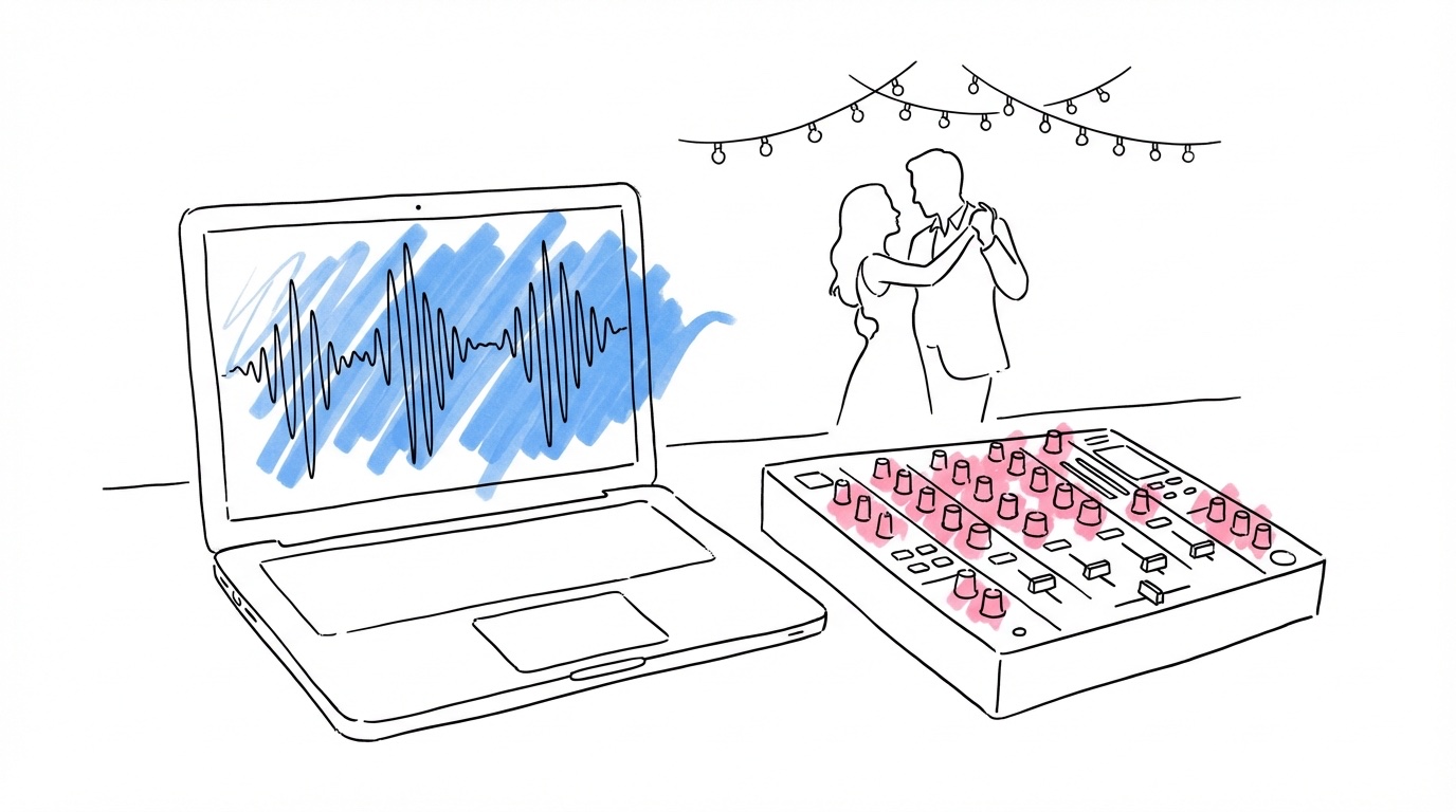 DJ-bås med laptop och brudpar på dansgolvet i bakgrunden