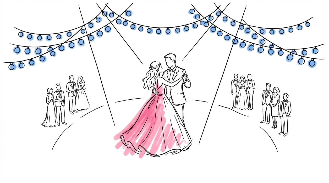 Brudpar dansar sin brudvals på dansgolvet under ljusslingor