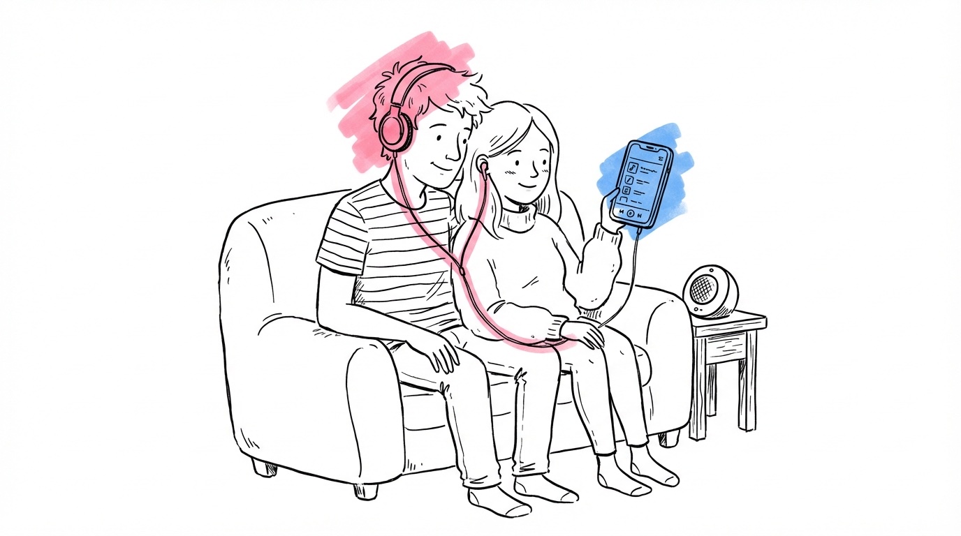 Par sitter i soffan och väljer låt till brudvalsen med hörlurar