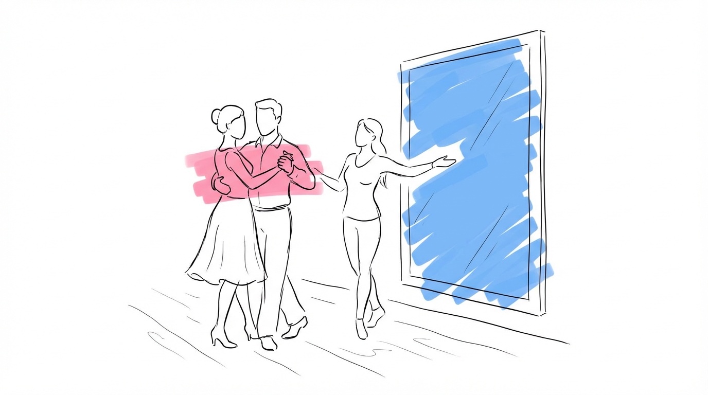 Brudpar övar danssteg i dansstudio med lärare