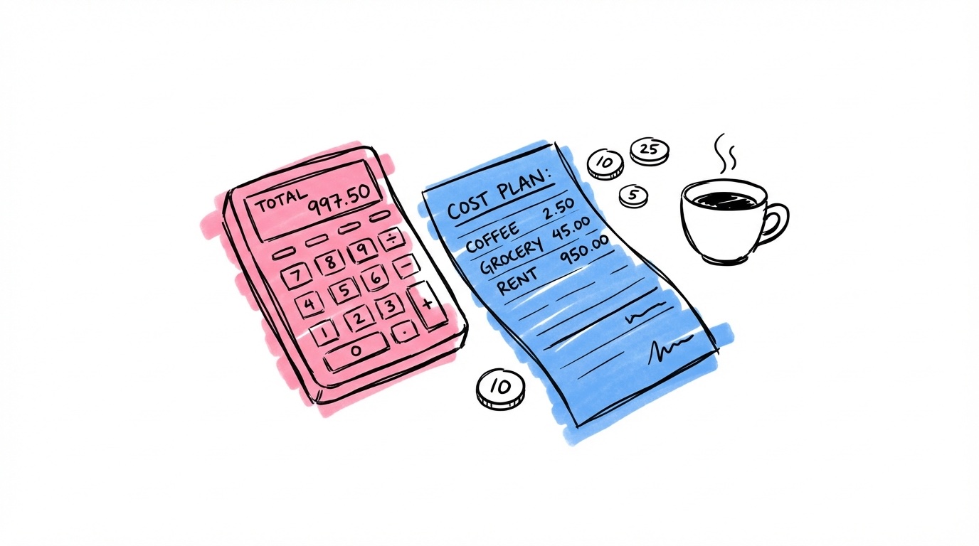 En enkel kalkylator eller telefon med en budgetapp bredvid ett kvitto, några mynt och en kaffekopp — praktisk och kostnadsmedveten känsla