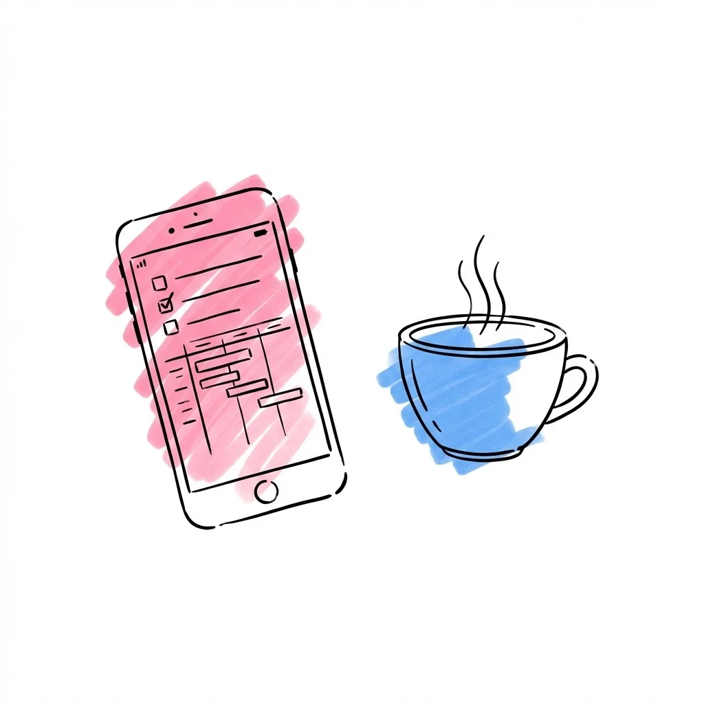 En telefon eller surfplatta med en planeringsapp som visar en checklista och tidsplan, bredvid en rykande kopp kaffe