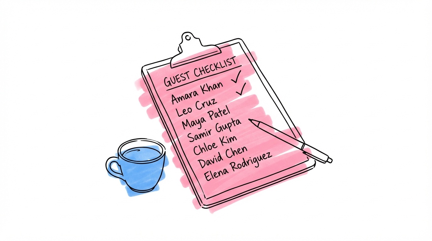 En clipboard med en gästlista där några namn är bockade, en penna vilar ovanpå och en kaffekopp bredvid — organiserad planeringskänsla