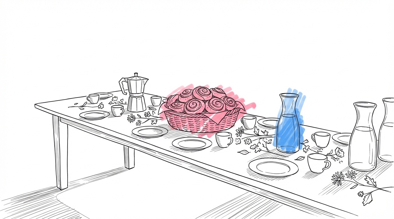 En solig utomhusbrunch med kaffekoppar, bakverk, juicekaraffer och blommor på ett dukat bord — avslappnad morgonstämning dagen efter bröllopet