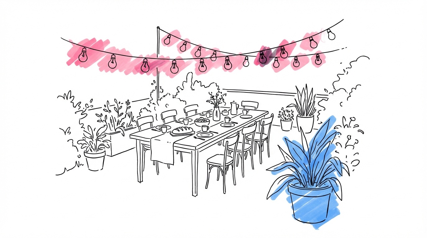 En vacker trädgård eller terrass med bord dukade för brunch, omgiven av grönt — inbjudande utomhusmiljö