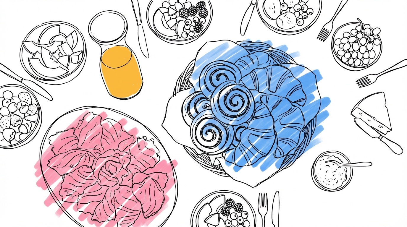 Översiktsbild av en brunchbuffé med brödkorg med kanelbullar, fat med rökt lax, skålar med frukt, juicekaraff, ägg, ost och charkuterier — riklig men enkel