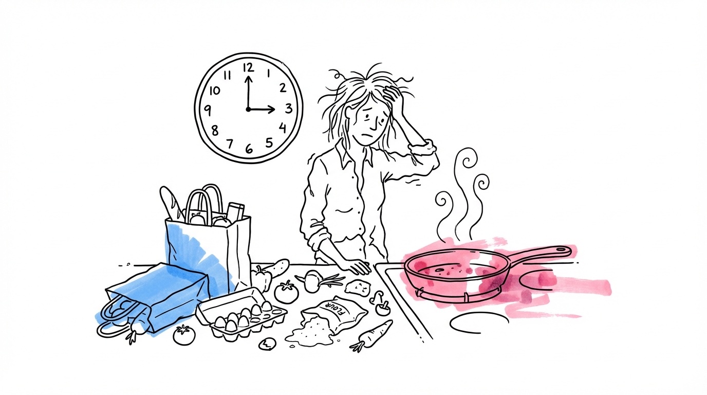 En stressad person i ett kök omgiven av matkassar, pannor och röra tidigt på morgonen — kaotisk och varnande stämning