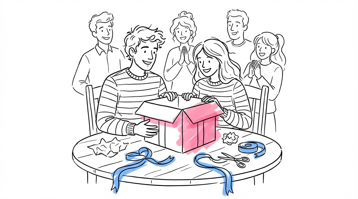 Ett par öppnar inslagen presenter vid ett bord medan en liten grupp gäster tittar på och ler — varm, glädjefull och intim stämning