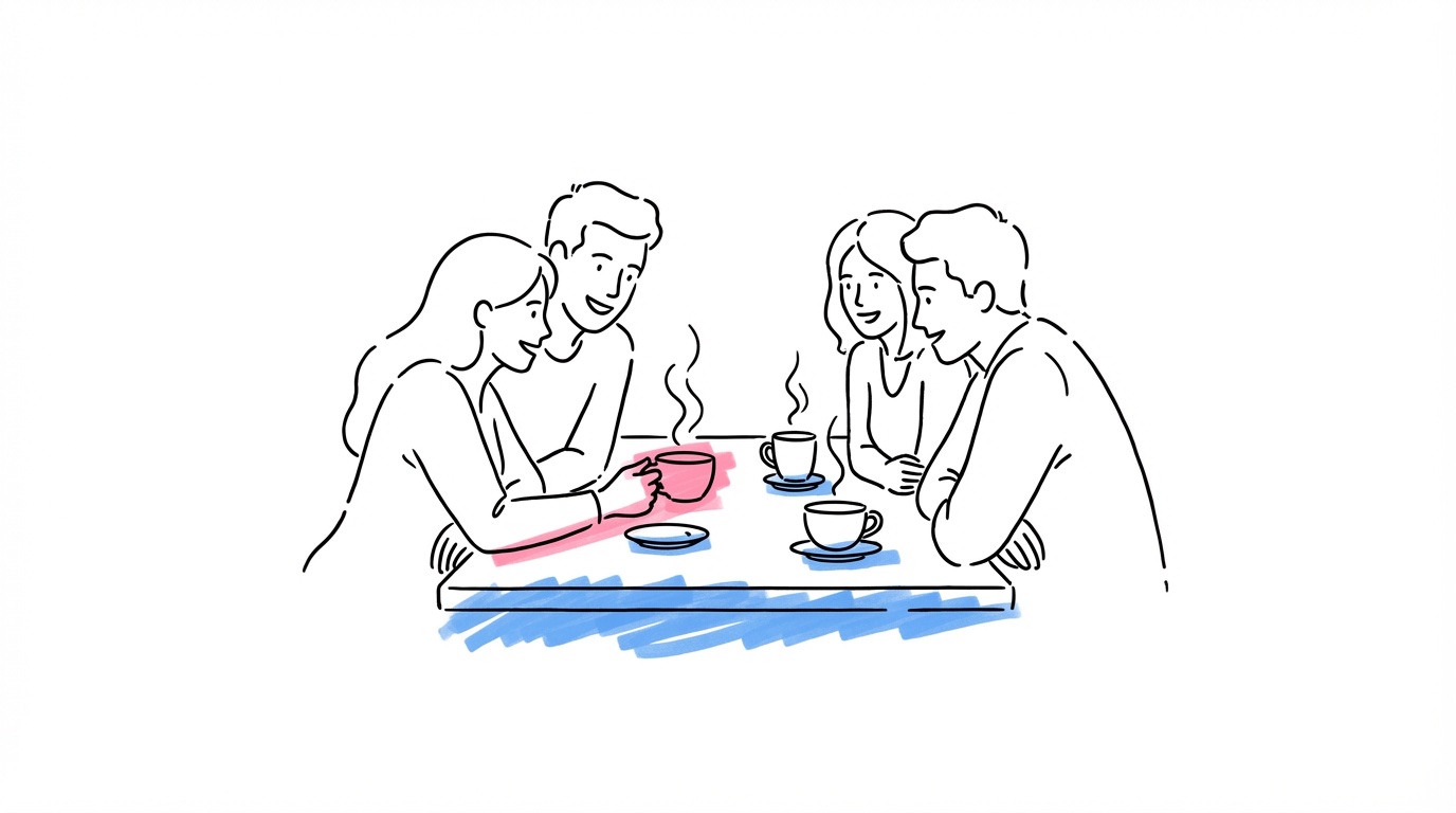 Ett par sitter avslappnat vid ett bord med kaffe i handen och pratar med gäster — varm, intim och stressfri stämning