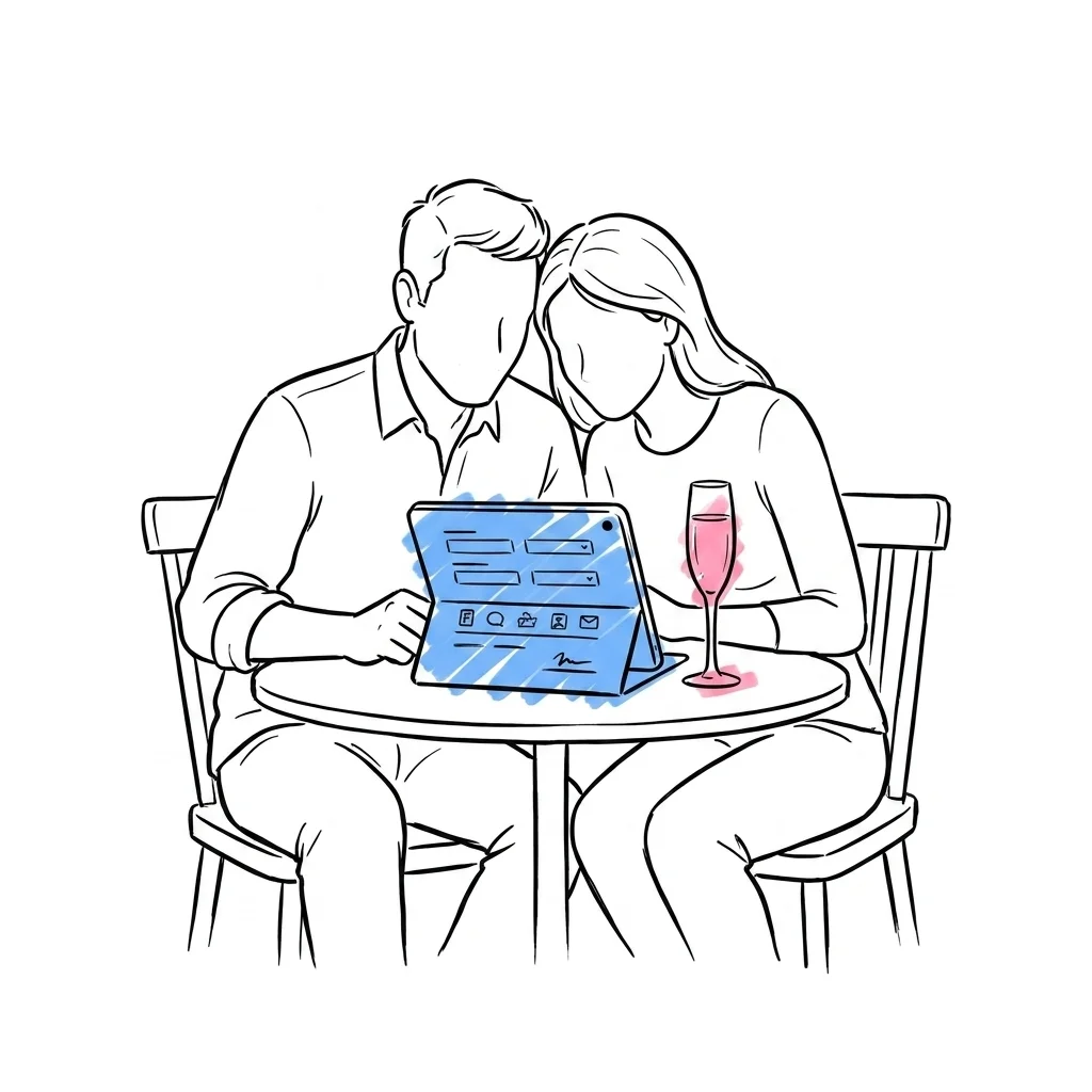 Brudpar sitter tillsammans vid ett litet bord och tittar på en surfplatta med ett enkelt dryckeskalkylator-gränssnitt, ett flûteglas bredvid — Lovios illustrationsstil