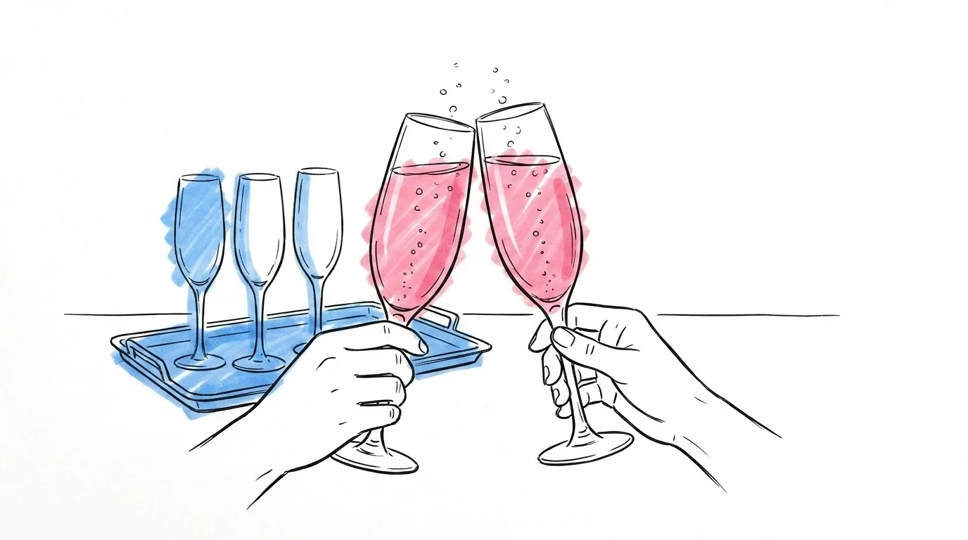 Bubbel per person bröllop — två flûteglas höjs i en varm välkomstskål med fler glas på en bricka i bakgrunden, Lovios illustrationsstil