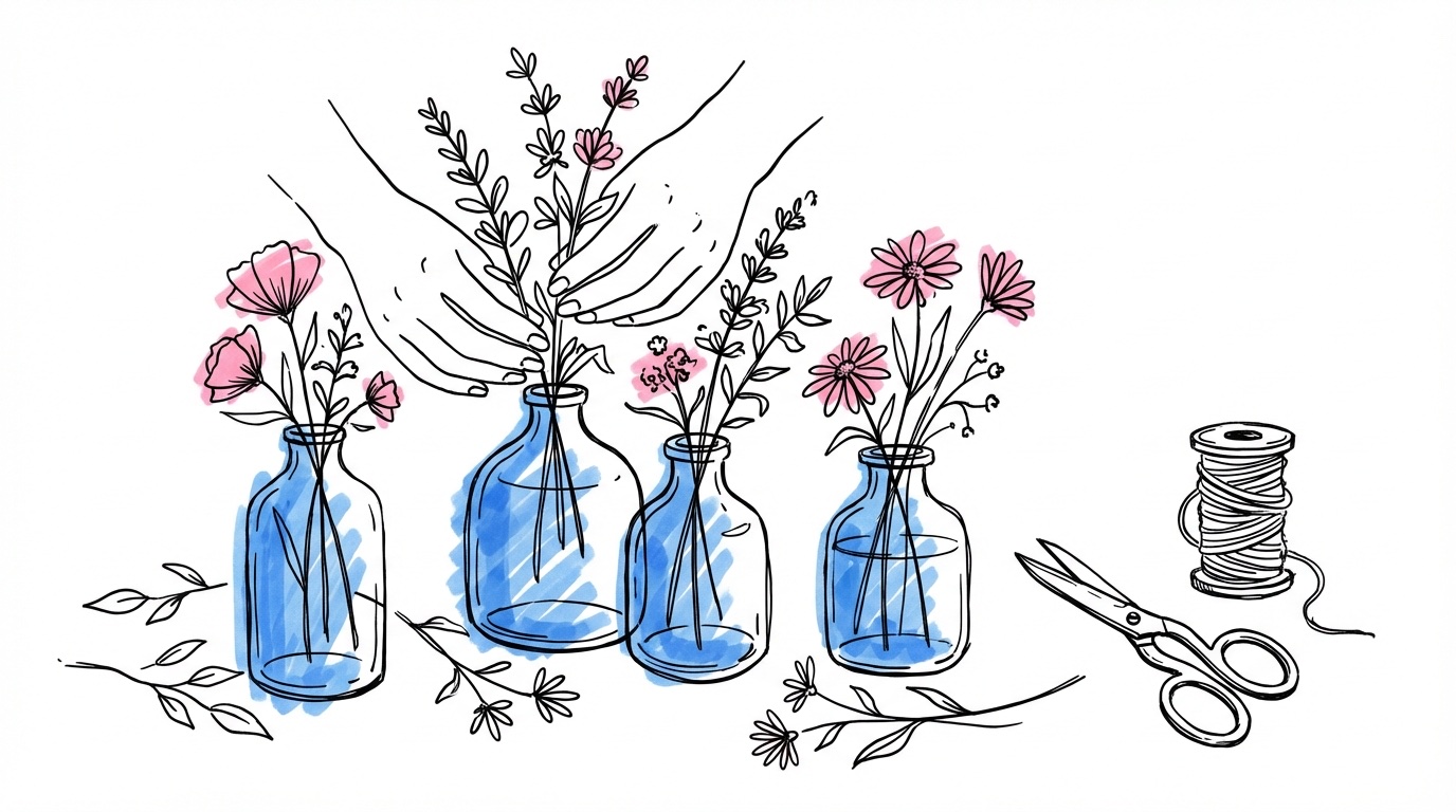 Händer som arrangerar DIY-blommor i glasvaser