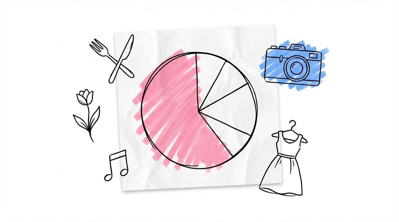 Budgetfördelning med tårtdiagram och bröllopsikoner