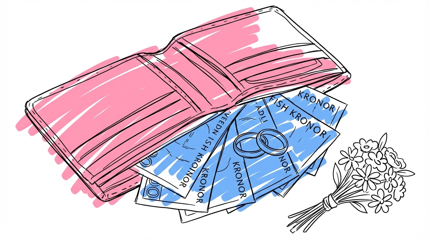 Par som planerar sin bröllopsbudget på 100 000 kr vid köksbordet