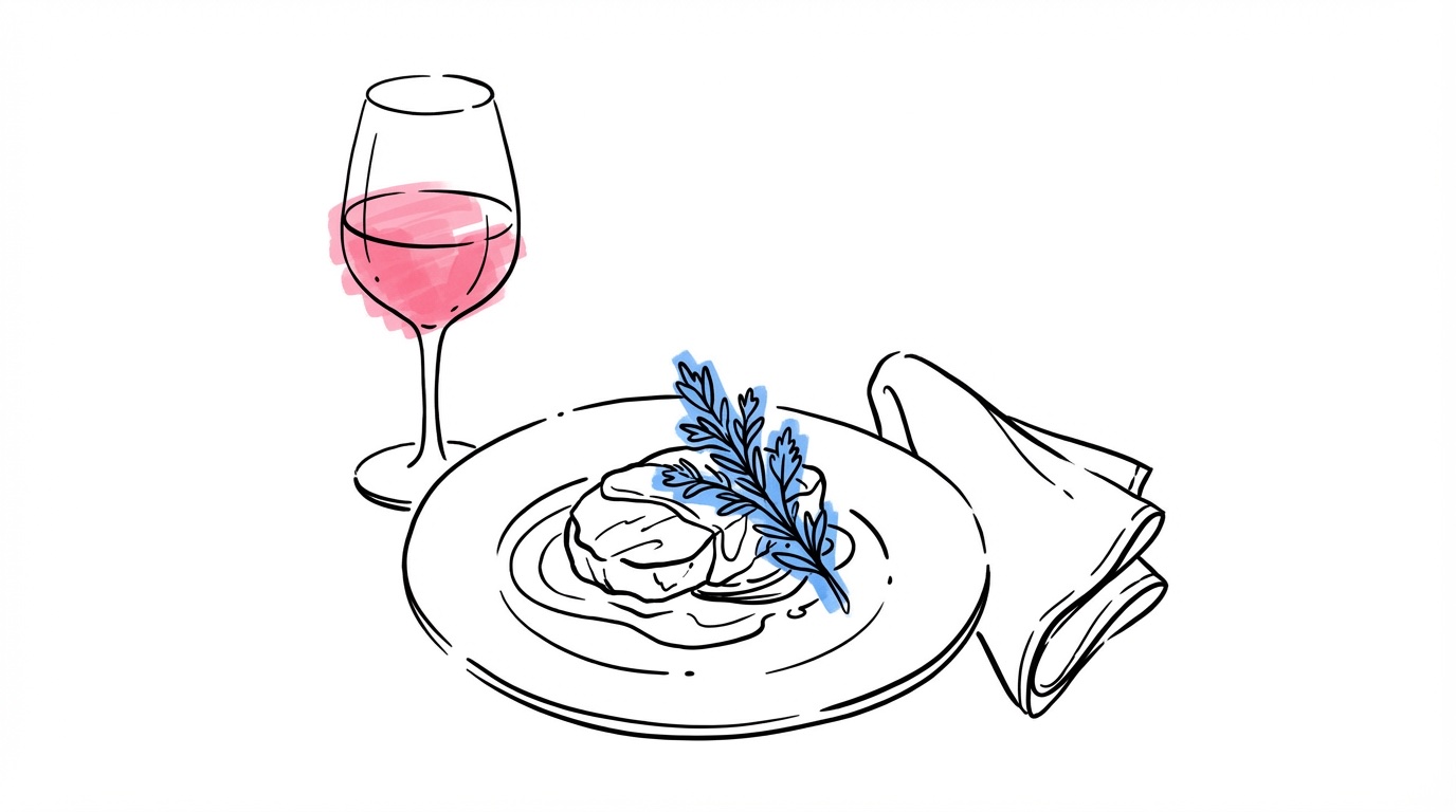 Vackert upplagd huvudrätt med vin — prioritera maten