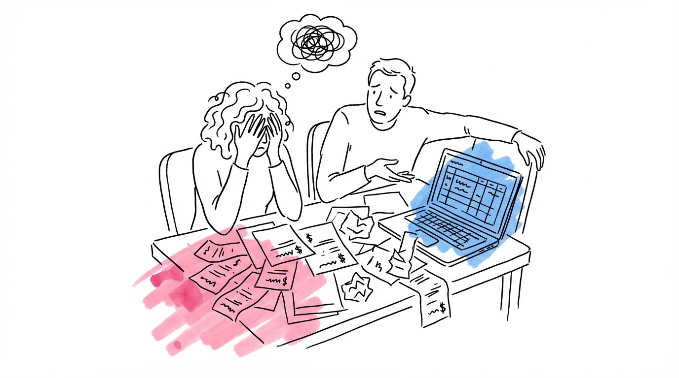 Stressat par med utspridda kvitton och fakturor — vanliga budgetmisstag