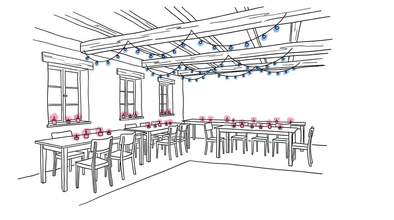 Mysig bröllopsfest med levande ljus och ljusslingor