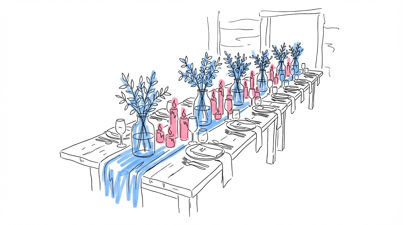 Festdukat långbord för 40 gäster i rustik lokal