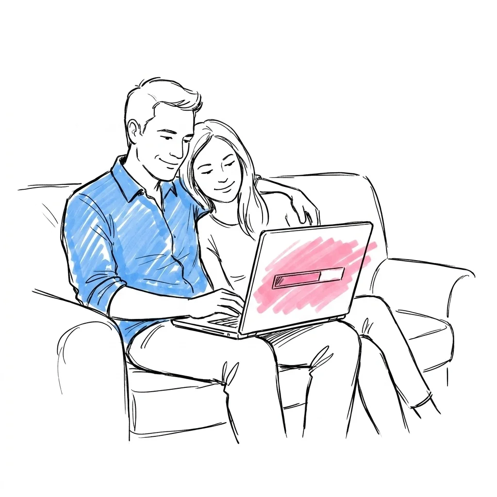 Par som tittar på Lovios budgetverktyg på laptop