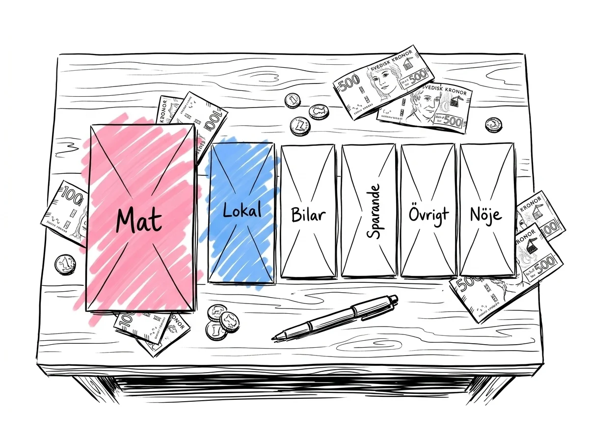 Budgetfördelning med kategoriserade kuvert för bröllopsbudget