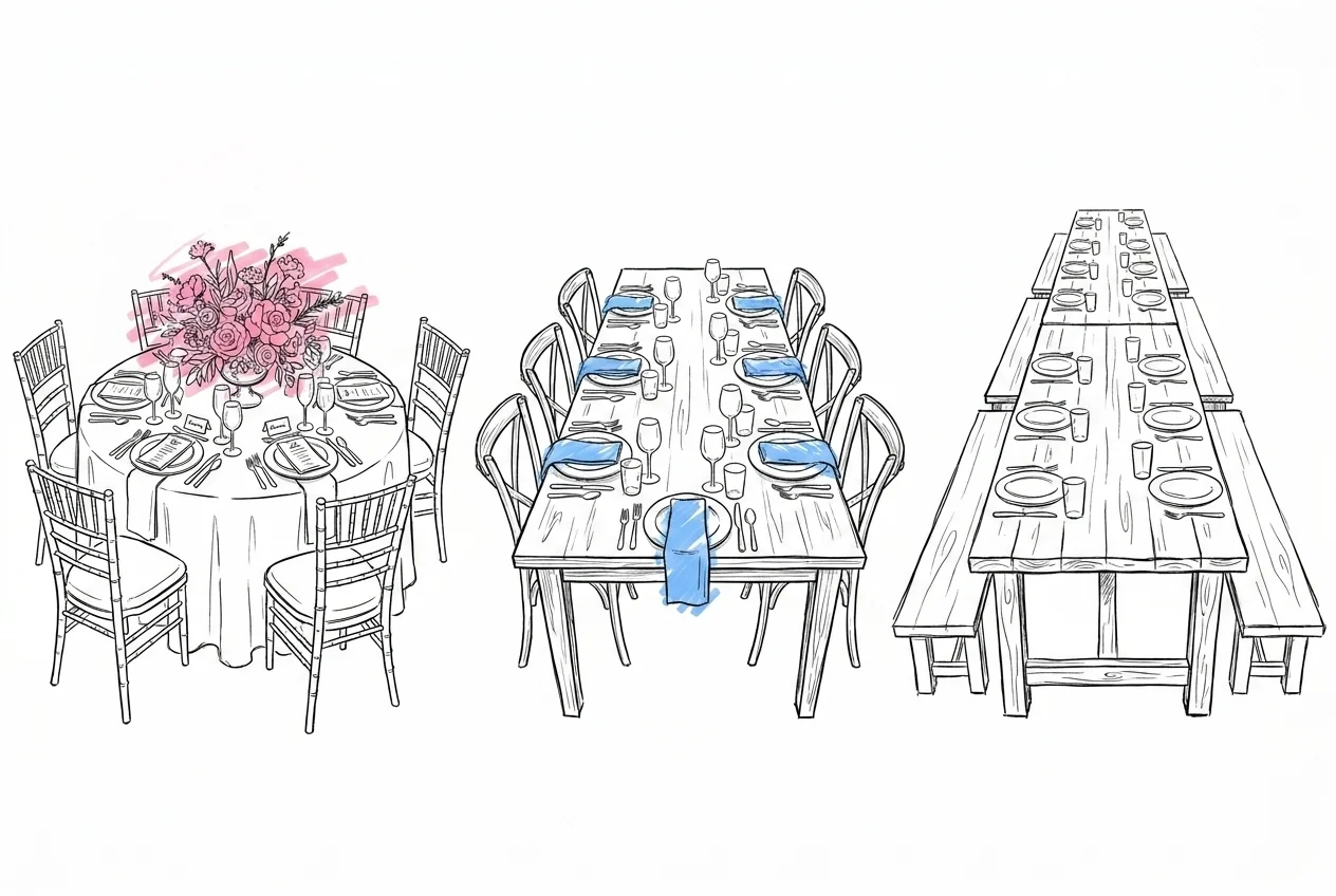 Tre middagsbord i olika storlekar — intimt, medelstort och stort