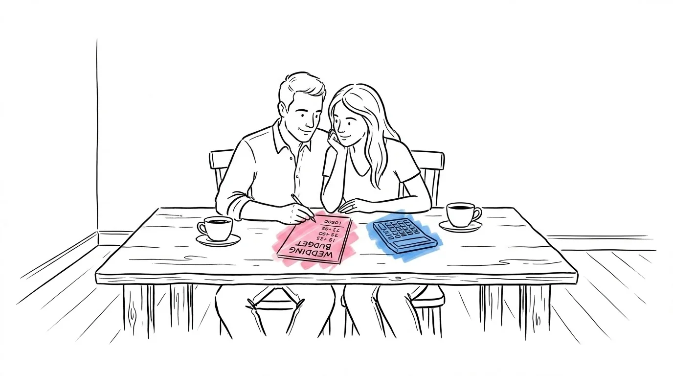 Par som planerar sin bröllopsbudget på 150 000 kr vid köksbordet