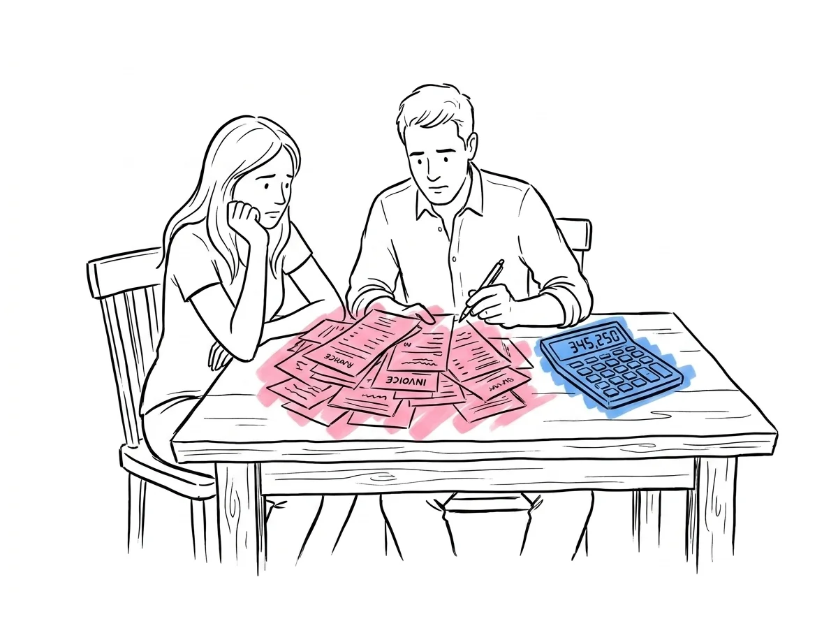 Par som ser överväldigade ut bland kvitton och en kalkylator