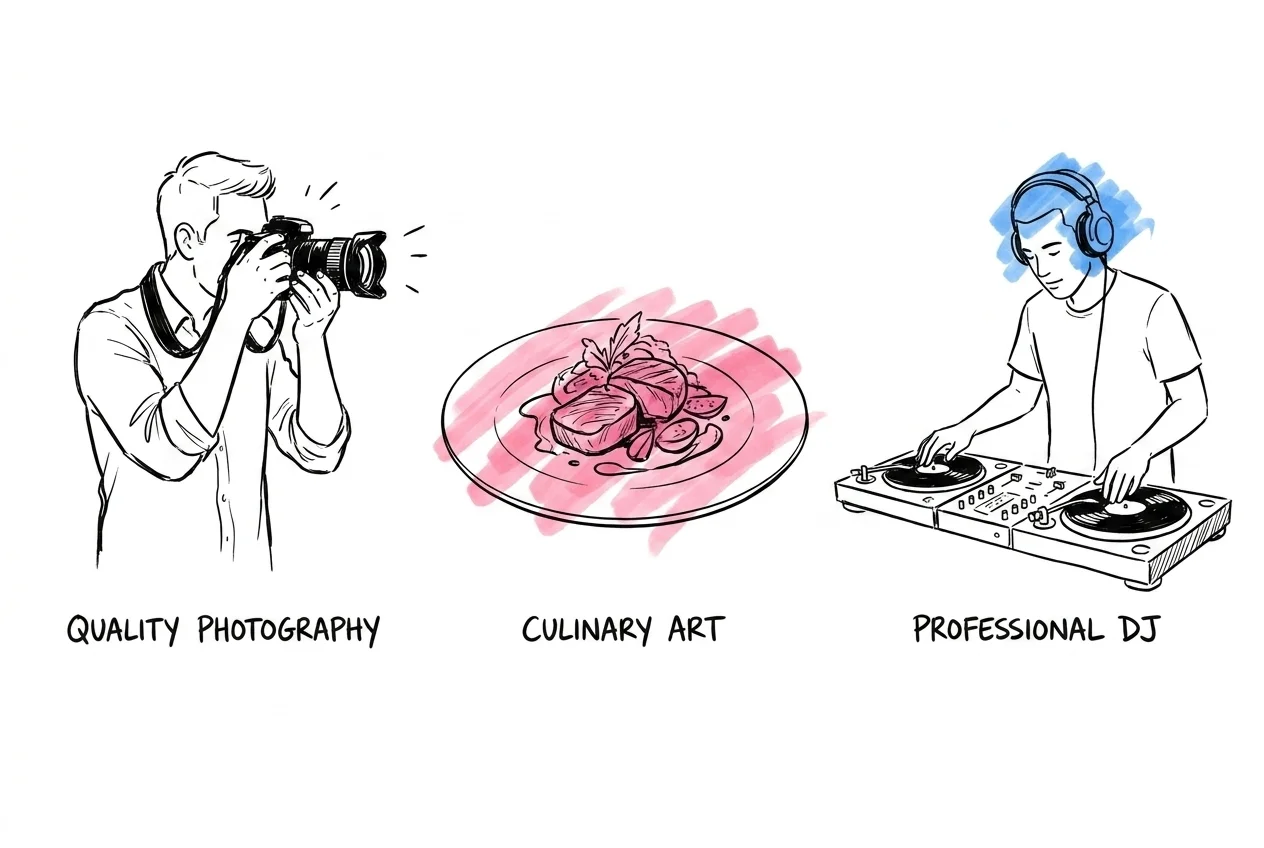 Fotograf, vackert upplagd maträtt och DJ vid turntables — tre poster att prioritera