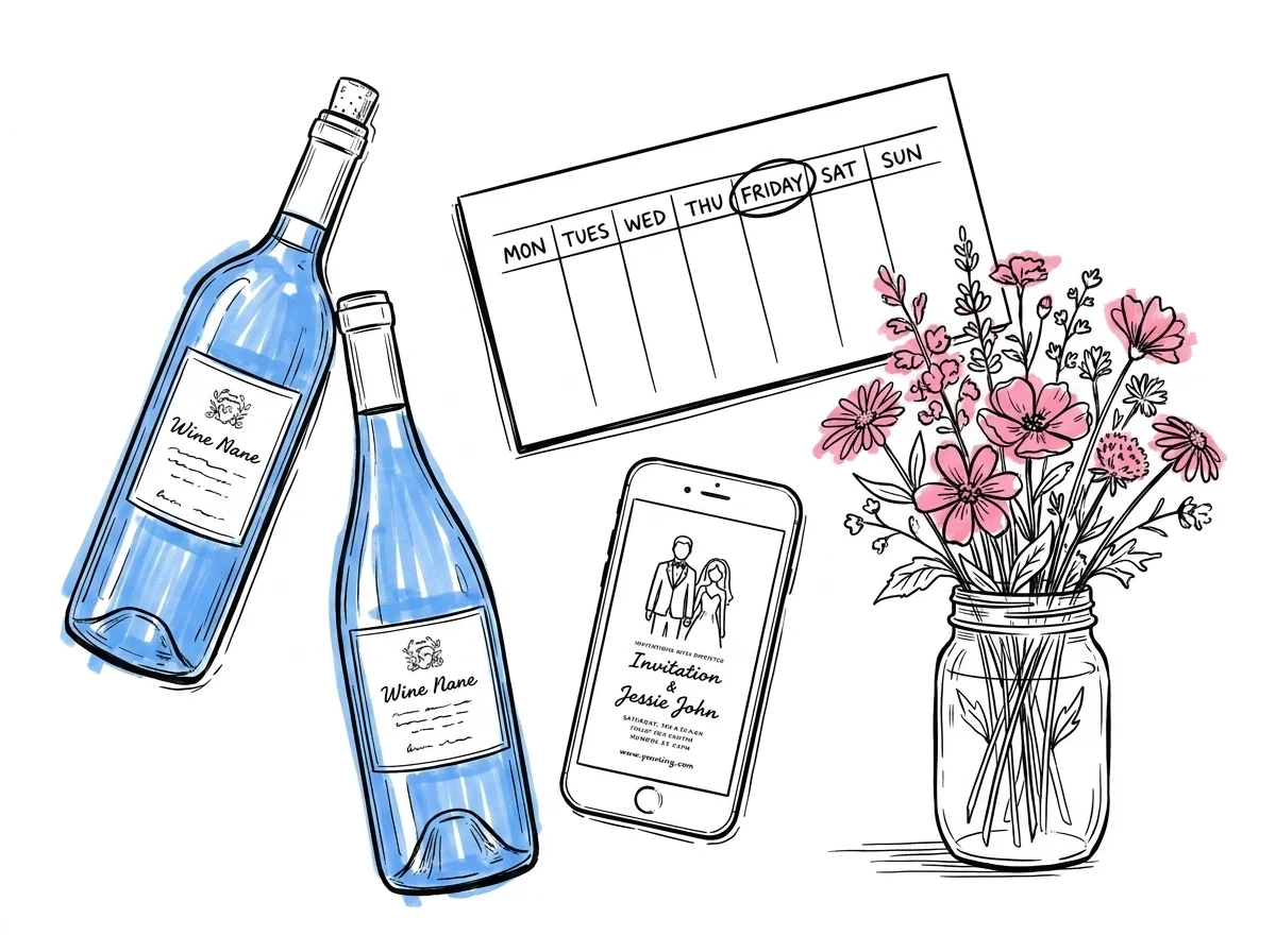 Smarta besparingar: Systembolaget, kalender med fredag markerad, digital inbjudan och säsongsblommor