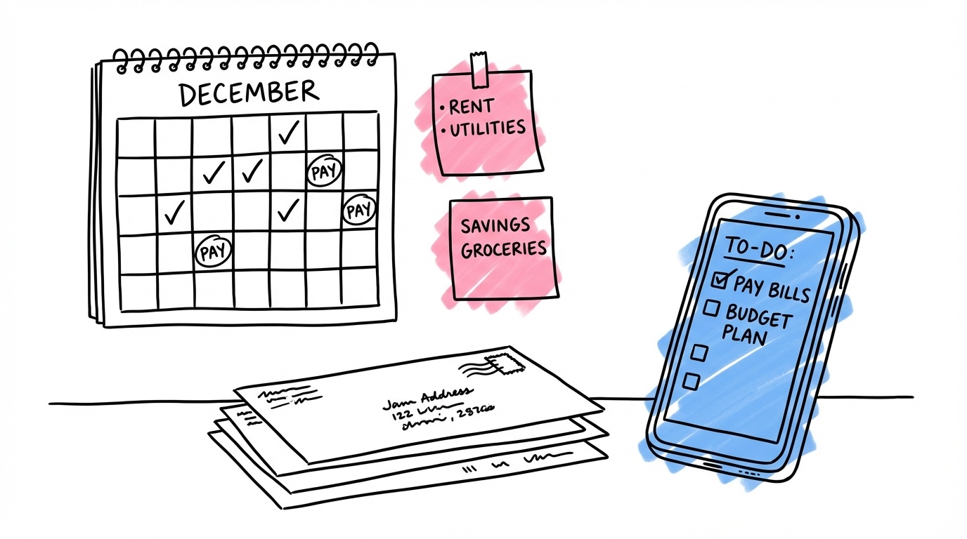 Väggkalender med markerade datum och kuvert bredvid telefon med checklistapp